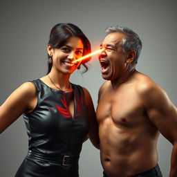 An intense scene featuring an Indian aunty in a stylish leather dress, smiling confidently while facing a shirtless uncle