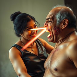A dramatic scene featuring an Indian aunty in a stylish leather dress, smiling with confidence as she faces a shirtless uncle