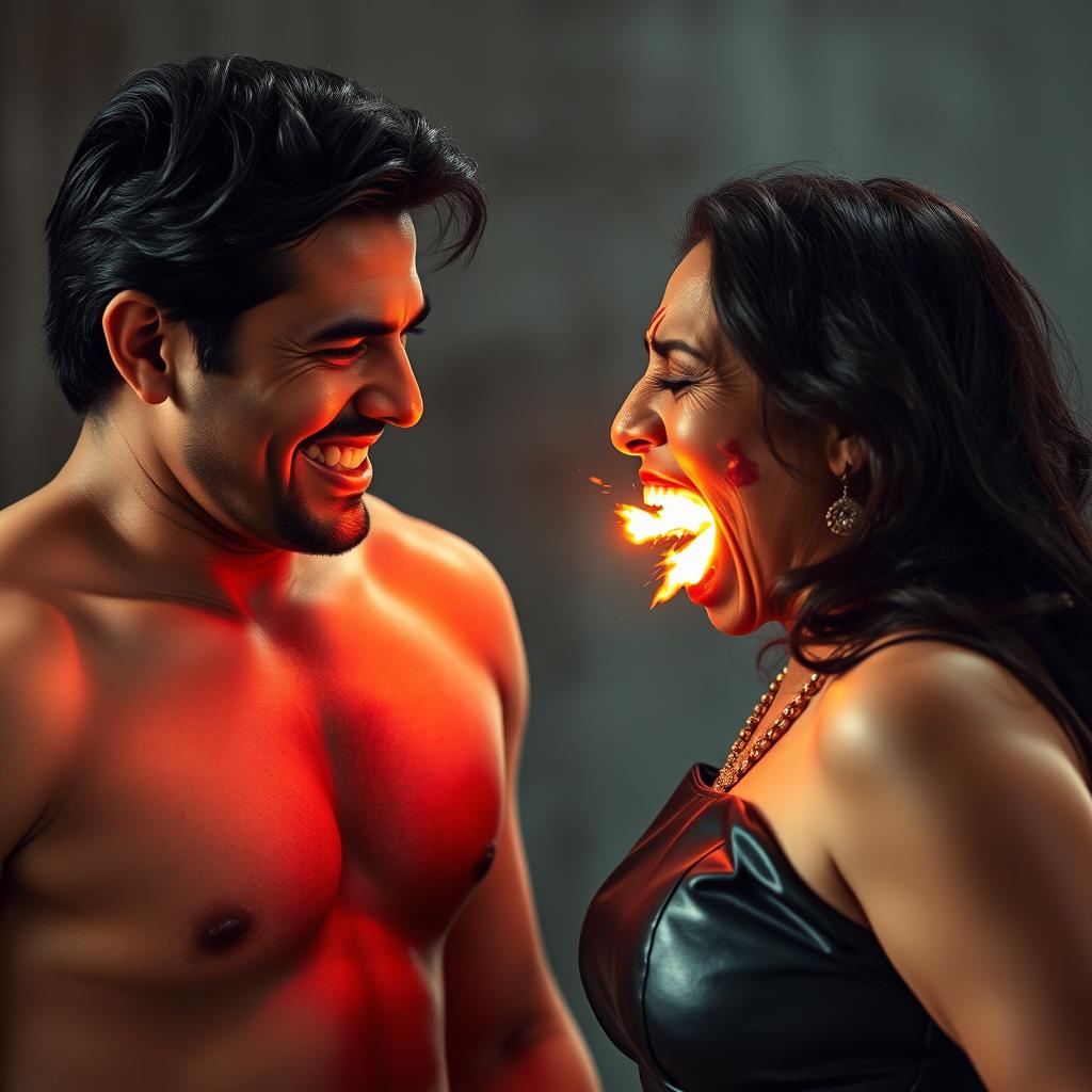 A dramatic scene featuring an Indian aunty in a stylish leather dress, smiling with confidence as she faces a shirtless uncle