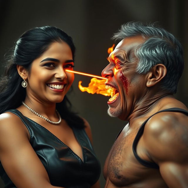 A dramatic scene featuring an Indian aunty in a stylish leather dress, smiling with confidence as she faces a shirtless uncle