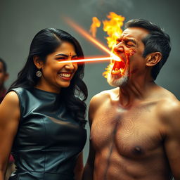 A dramatic scene depicting an Indian aunty in a stylish leather dress, smiling confidently while facing a shirtless uncle