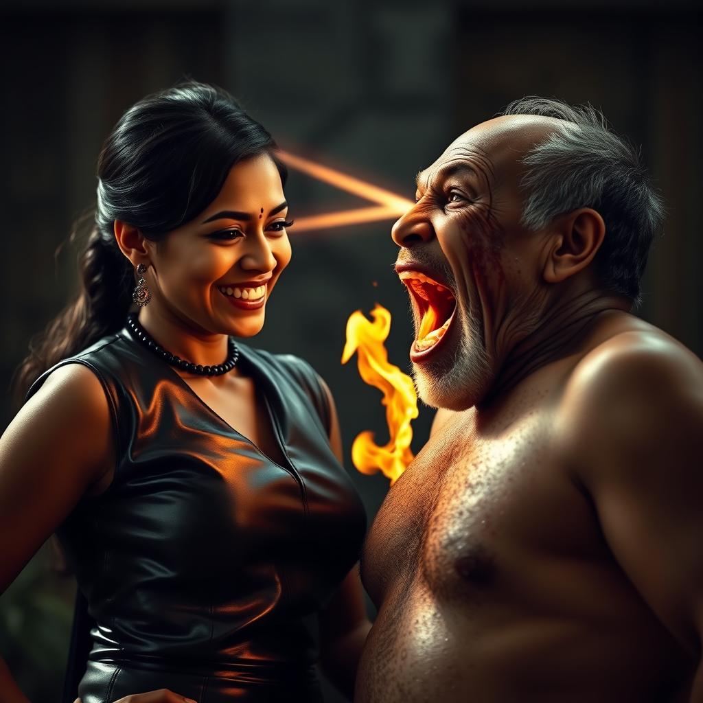A dramatic scene depicting an Indian aunty in a stylish leather dress, smiling confidently while facing a shirtless uncle