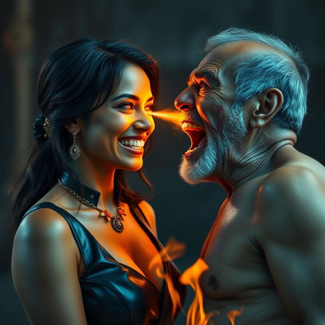 A dramatic scene depicting an Indian aunty in a stylish leather dress, smiling confidently while facing a shirtless uncle