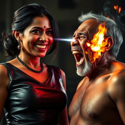 A dramatic scene depicting an Indian aunty in a stylish leather dress, smiling confidently while facing a shirtless uncle