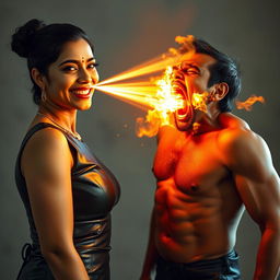 A dramatic and intense scene depicting an Indian aunty wearing a chic leather dress, smiling confidently as she confronts a shirtless uncle