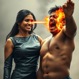 A dramatic and intense scene depicting an Indian aunty wearing a chic leather dress, smiling confidently as she confronts a shirtless uncle
