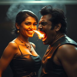 An intense scene featuring an Indian aunty in a fashionable leather dress, smiling confidently as she confronts a shirtless uncle