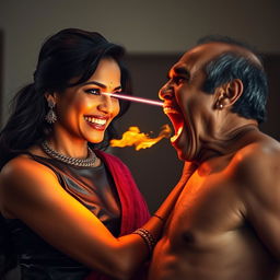 An intense scene featuring an Indian aunty in a fashionable leather dress, smiling confidently as she confronts a shirtless uncle