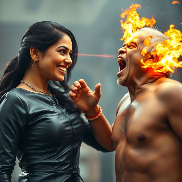 An intense scene featuring an Indian aunty in a fashionable leather dress, smiling confidently as she confronts a shirtless uncle