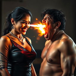 An intense scene featuring an Indian aunty in a fashionable leather dress, smiling confidently as she confronts a shirtless uncle