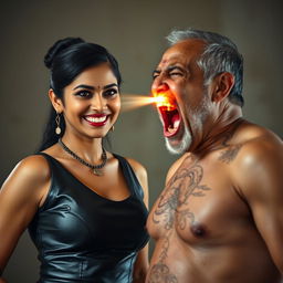 An intense and vivid scene showcasing an Indian aunty wearing a sleek leather dress, smiling with a confident expression as she faces a shirtless uncle