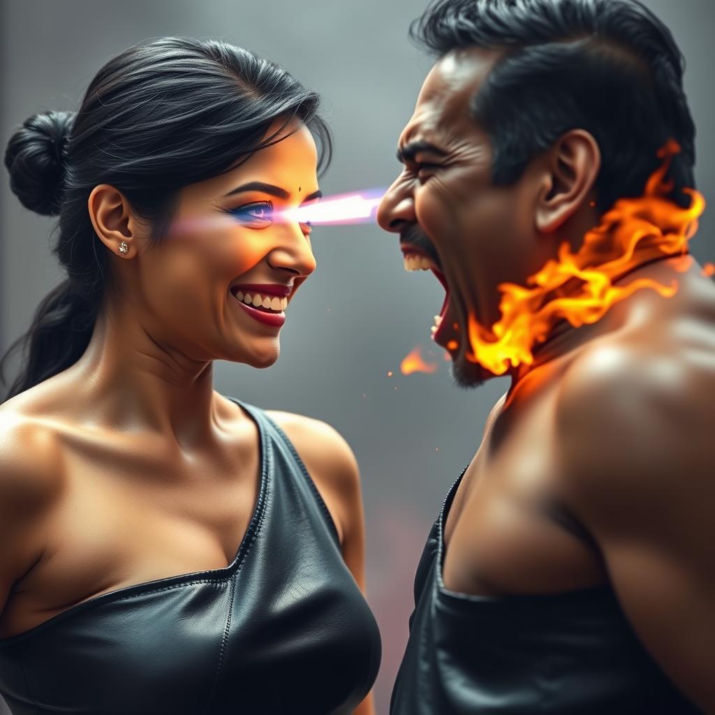 An intense and vivid scene showcasing an Indian aunty wearing a sleek leather dress, smiling with a confident expression as she faces a shirtless uncle