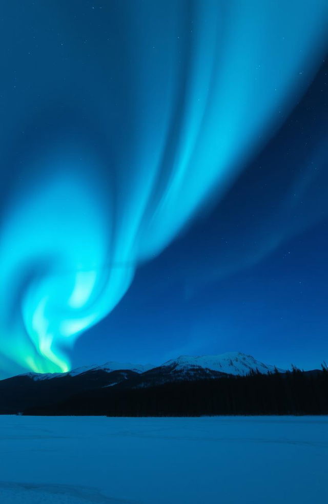 A stunning aurora borealis display in vibrant shades of blue, swirling and dancing across the night sky