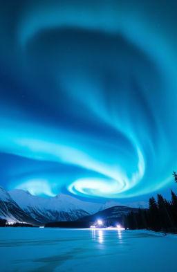 A stunning aurora borealis display in vibrant shades of blue, swirling and dancing across the night sky