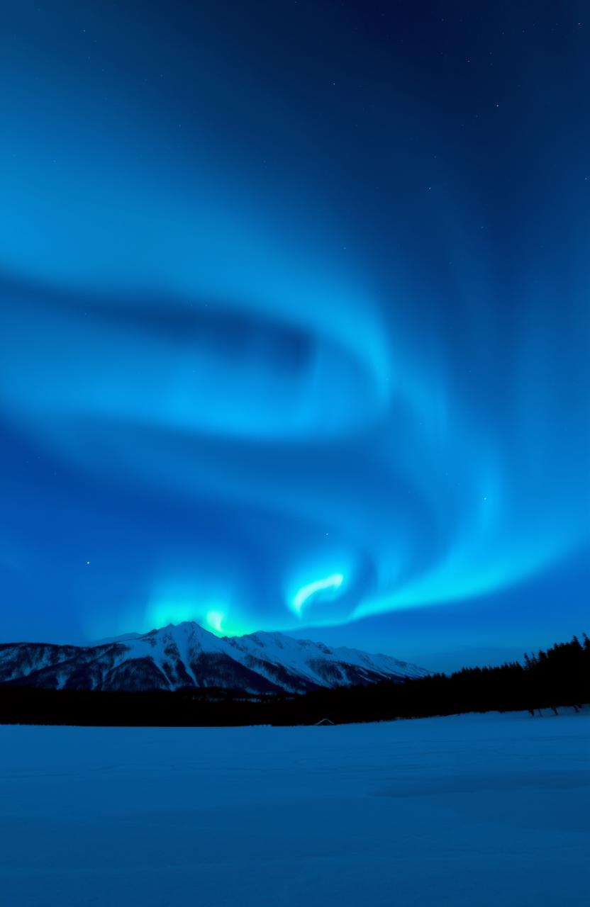 A stunning aurora borealis display in vibrant shades of blue, swirling and dancing across the night sky