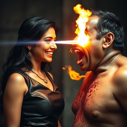 A striking and dramatic scene featuring an Indian aunty clad in a stylish leather dress, smiling with confidence as she stands face to face with a shirtless uncle
