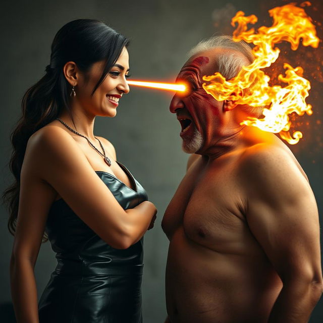 A striking and dramatic scene featuring an Indian aunty clad in a stylish leather dress, smiling with confidence as she stands face to face with a shirtless uncle