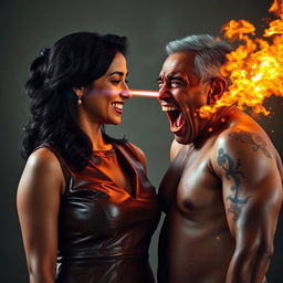 A striking and dramatic scene featuring an Indian aunty clad in a stylish leather dress, smiling with confidence as she stands face to face with a shirtless uncle