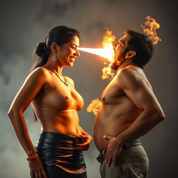 A dramatic scene featuring an Indian aunty in a stylish leather mini skirt, smiling confidently as she stands face to face with a shirtless uncle
