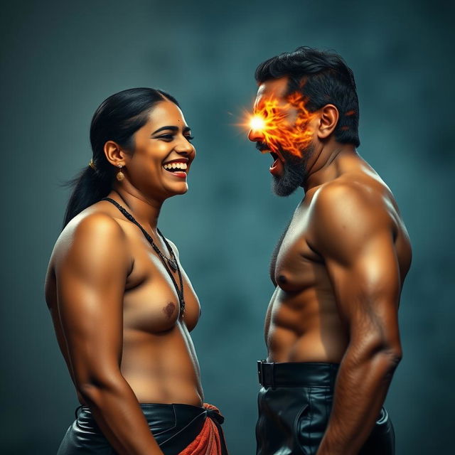 A dramatic scene featuring an Indian aunty in a stylish leather mini skirt, smiling confidently as she stands face to face with a shirtless uncle