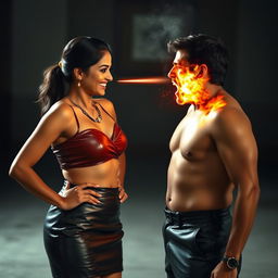 A dramatic scene featuring an Indian aunty in a stylish leather mini skirt, smiling confidently as she stands face to face with a shirtless uncle