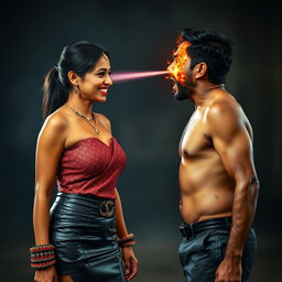 A dramatic scene featuring an Indian aunty in a stylish leather mini skirt, smiling confidently as she stands face to face with a shirtless uncle