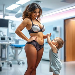 A sexy nurse in revealing lingerie, featuring a stylish bra and pantyhose, stands confidently in a modern medical setting