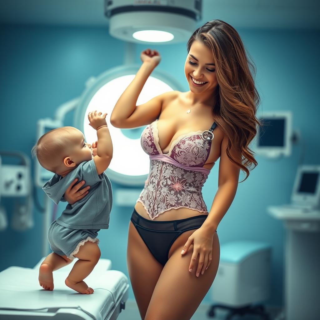 A sexy nurse in revealing lingerie, featuring a stylish bra and pantyhose, stands confidently in a modern medical setting