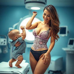 A sexy nurse in revealing lingerie, featuring a stylish bra and pantyhose, stands confidently in a modern medical setting