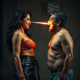 A dramatic and dynamic scene featuring an Indian aunty dressed in a stylish leather mini skirt, smiling confidently as she stands face to face with a shirtless uncle