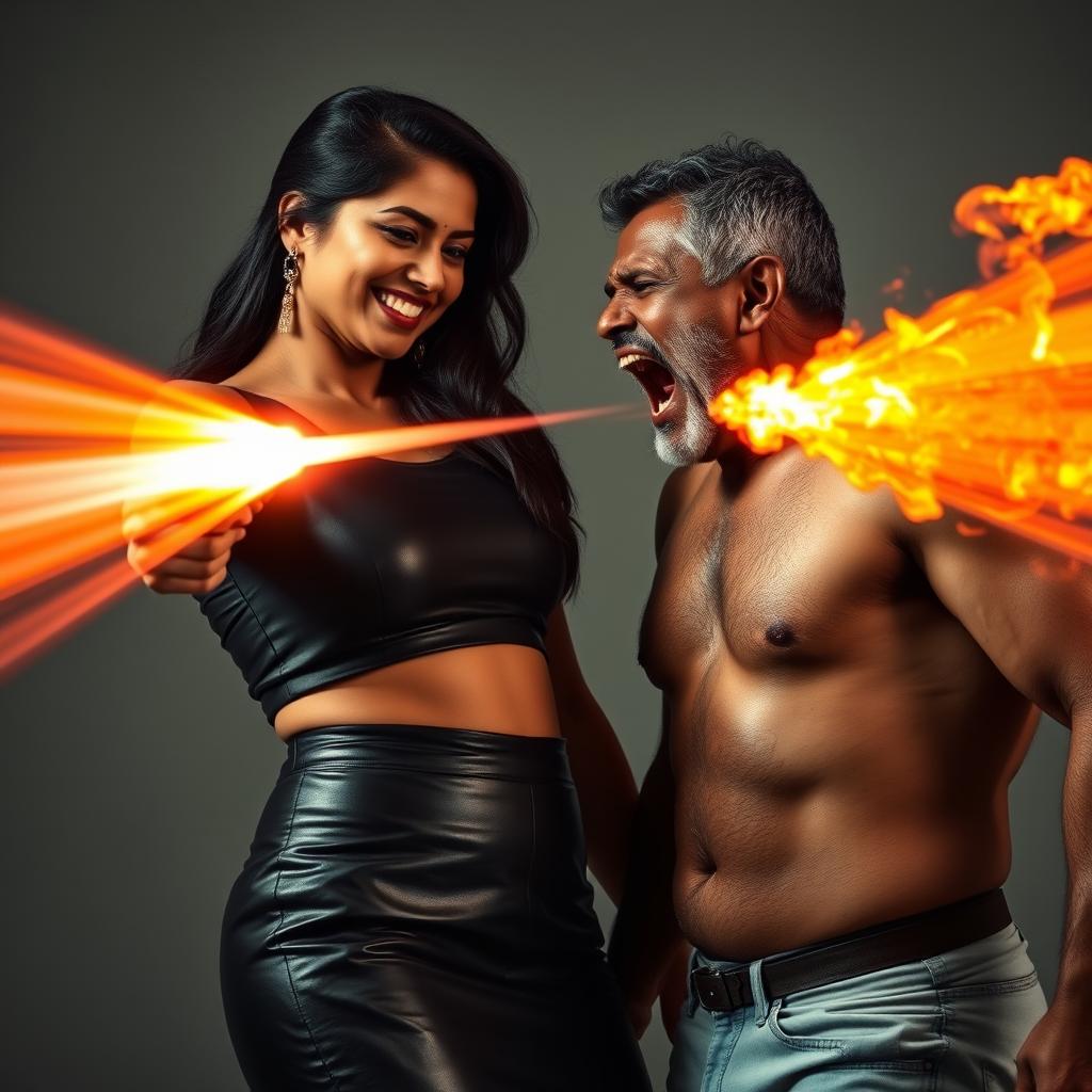 A dramatic and dynamic scene featuring an Indian aunty dressed in a stylish leather mini skirt, smiling confidently as she stands face to face with a shirtless uncle