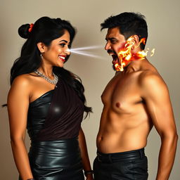 A dramatic and dynamic scene featuring an Indian aunty dressed in a stylish leather mini skirt, smiling confidently as she stands face to face with a shirtless uncle
