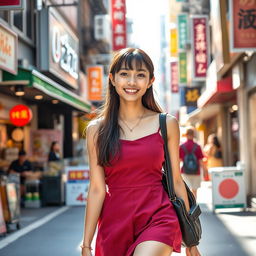 A cute Japanese college student woman wearing a stylish short dress, walking confidently through a bustling city street