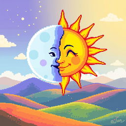 A vibrant and colorful pixel art representation of a sun (sol) and moon (lua) in harmony, showcasing a whimsical landscape