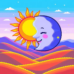 A vibrant and colorful pixel art representation of a sun (sol) and moon (lua) in harmony, showcasing a whimsical landscape
