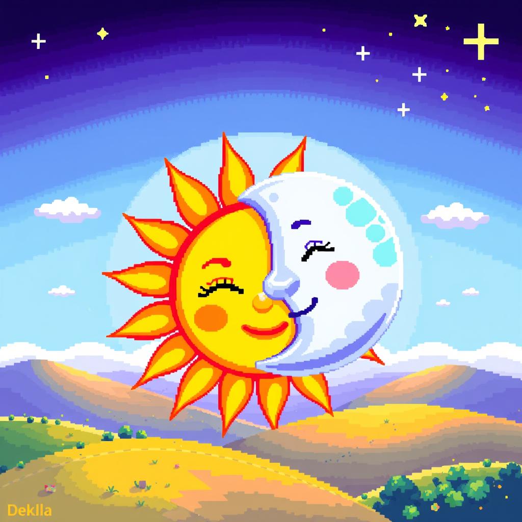 A vibrant and colorful pixel art representation of a sun (sol) and moon (lua) in harmony, showcasing a whimsical landscape