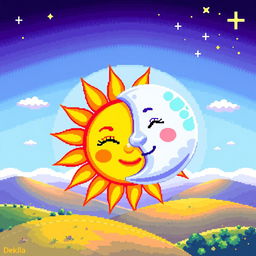 A vibrant and colorful pixel art representation of a sun (sol) and moon (lua) in harmony, showcasing a whimsical landscape