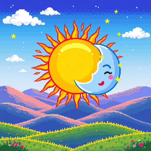 A vibrant and colorful pixel art representation of a sun (sol) and moon (lua) in harmony, showcasing a whimsical landscape