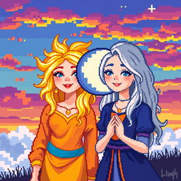A vibrant pixel art scene featuring two women, one representing the Sun with golden hair and a radiant, warm expression, adorned in bright yellow and orange clothing, while the other symbolizes the Moon with silver hair and a calm, serene expression, dressed in cool blue and purple attire