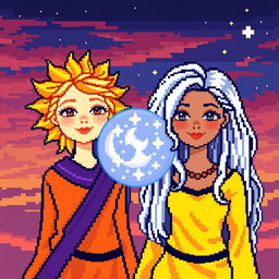 A vibrant pixel art scene featuring two women, one representing the Sun with golden hair and a radiant, warm expression, adorned in bright yellow and orange clothing, while the other symbolizes the Moon with silver hair and a calm, serene expression, dressed in cool blue and purple attire