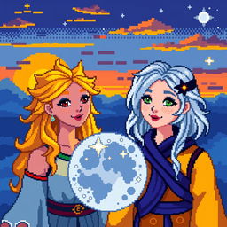 A vibrant pixel art scene featuring two women, one representing the Sun with golden hair and a radiant, warm expression, adorned in bright yellow and orange clothing, while the other symbolizes the Moon with silver hair and a calm, serene expression, dressed in cool blue and purple attire