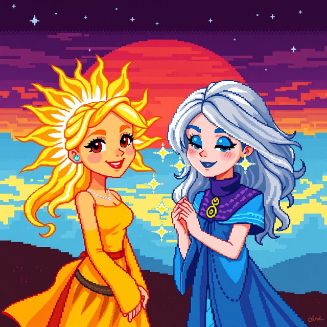 A vibrant pixel art scene featuring two women, one representing the Sun with golden hair and a radiant, warm expression, adorned in bright yellow and orange clothing, while the other symbolizes the Moon with silver hair and a calm, serene expression, dressed in cool blue and purple attire