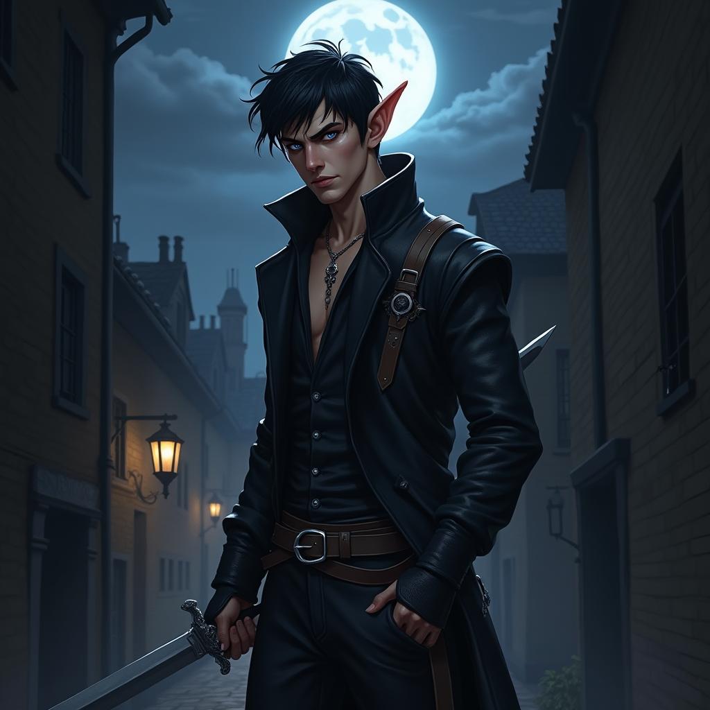 A sleek and cunning half-elven rogue, the master spy, depicted in a shadowy alleyway under the moonlit sky