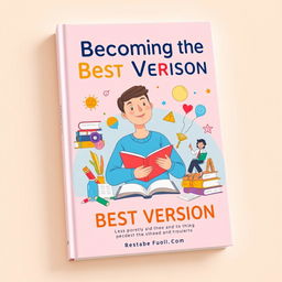 A book cover design titled "Becoming the Best Version" featuring a colorful illustration of a person surrounded by various elements symbolizing success and education