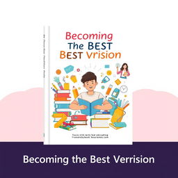 A book cover design titled "Becoming the Best Version" featuring a colorful illustration of a person surrounded by various elements symbolizing success and education