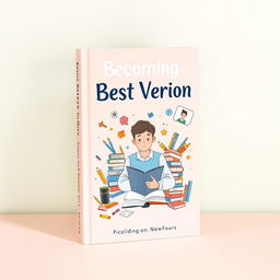 A book cover design titled "Becoming the Best Version" featuring a colorful illustration of a person surrounded by various elements symbolizing success and education