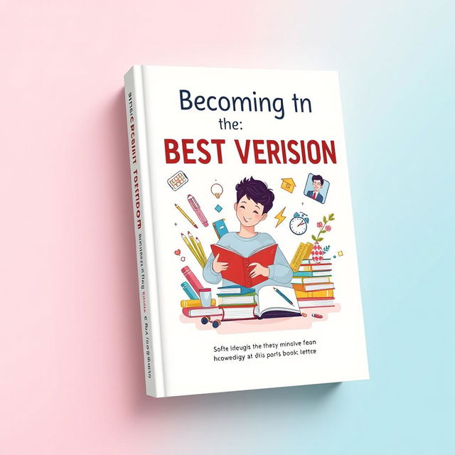 A book cover design titled "Becoming the Best Version" featuring a colorful illustration of a person surrounded by various elements symbolizing success and education