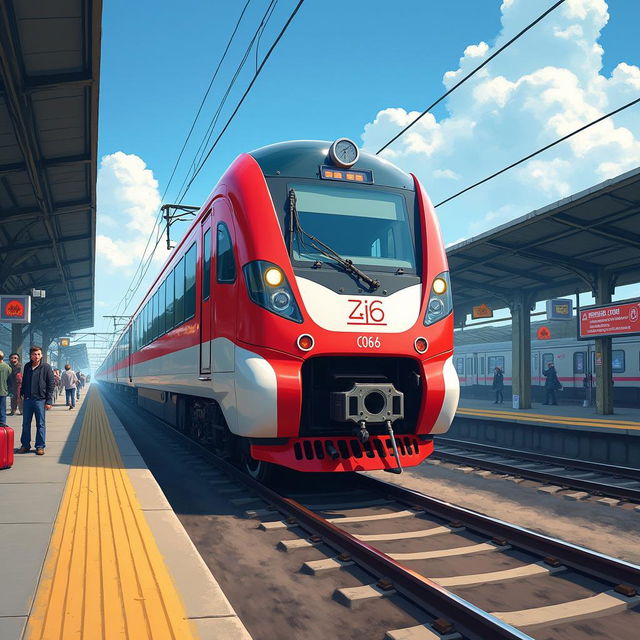 A detailed, high-speed depiction of a CC 206 train, showcasing its sleek and modern design, painted in vivid colors against a dynamic backdrop of a bustling railway station