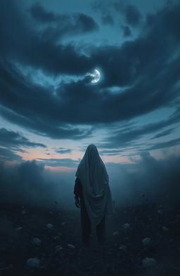A surreal and emotional representation of "Bishadar Kabya" (The Poem of Sorrow), depicting a somber landscape under a twilight sky, filled with swirling dark clouds and soft glimmers of light breaking through