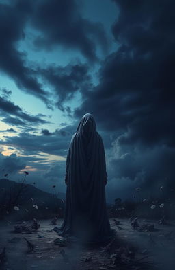 A surreal and emotional representation of "Bishadar Kabya" (The Poem of Sorrow), depicting a somber landscape under a twilight sky, filled with swirling dark clouds and soft glimmers of light breaking through